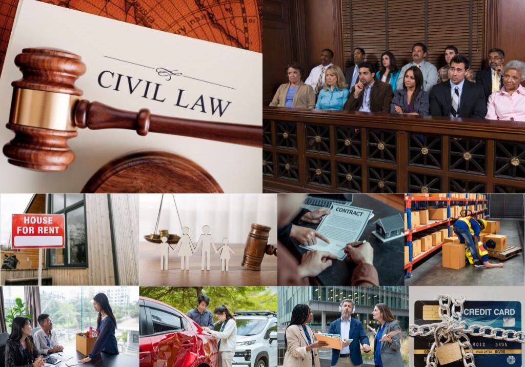Civil law collage: gavel, courtroom, contracts, property