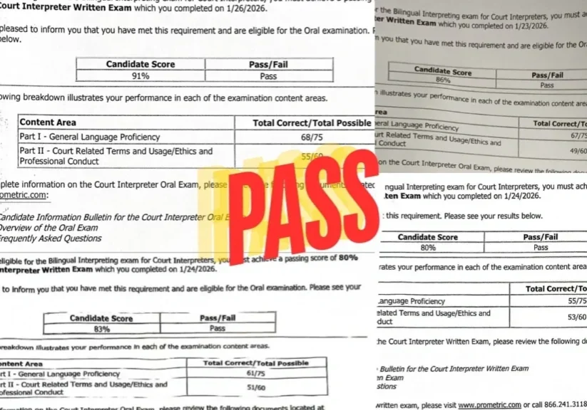 Court interpreter exam results page stamped PASS