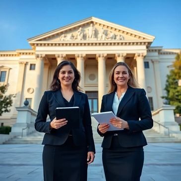 Two businesswomen holding tablets outside courthouse